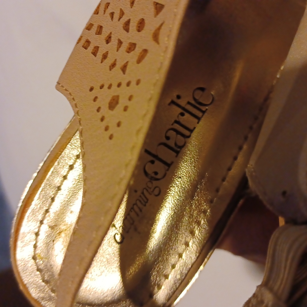 Charming Charlie Size 6 Beige and Gold Detailed Cork Wedges. ~ 2 Cute!! 😍 - Picture 5 of 5